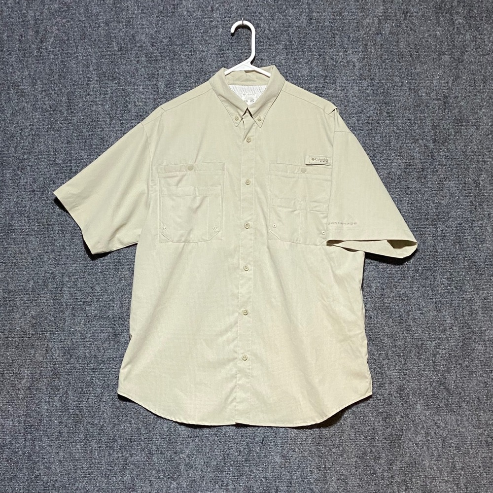 Columbia PFG Mens Medium Tan Short Sleeve Vented Fishing Shirt Omni-Shade FM7266